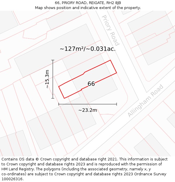 66, PRIORY ROAD, REIGATE, RH2 8JB: Plot and title map