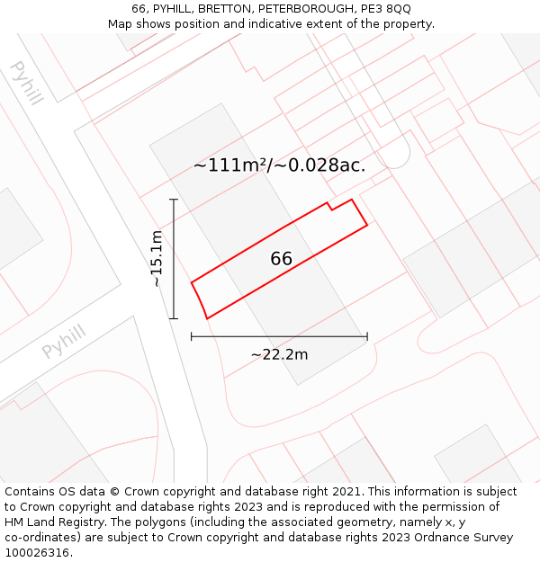 66, PYHILL, BRETTON, PETERBOROUGH, PE3 8QQ: Plot and title map