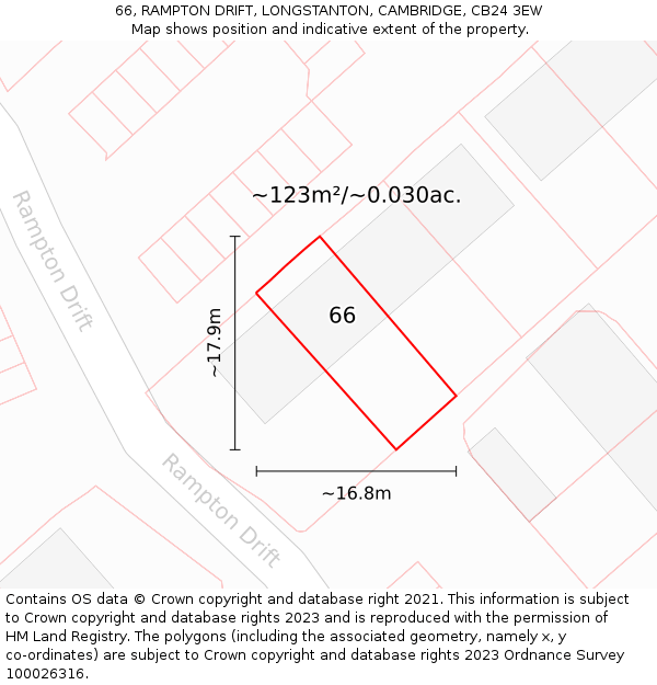 66, RAMPTON DRIFT, LONGSTANTON, CAMBRIDGE, CB24 3EW: Plot and title map