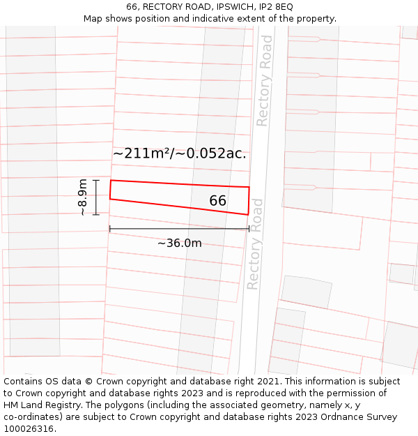 66, RECTORY ROAD, IPSWICH, IP2 8EQ: Plot and title map