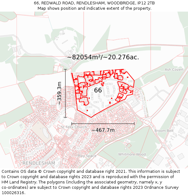 66, REDWALD ROAD, RENDLESHAM, WOODBRIDGE, IP12 2TB: Plot and title map