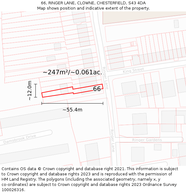 66, RINGER LANE, CLOWNE, CHESTERFIELD, S43 4DA: Plot and title map