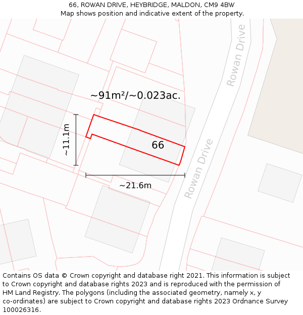66, ROWAN DRIVE, HEYBRIDGE, MALDON, CM9 4BW: Plot and title map