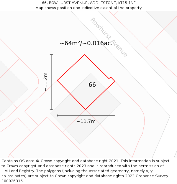 66, ROWHURST AVENUE, ADDLESTONE, KT15 1NF: Plot and title map
