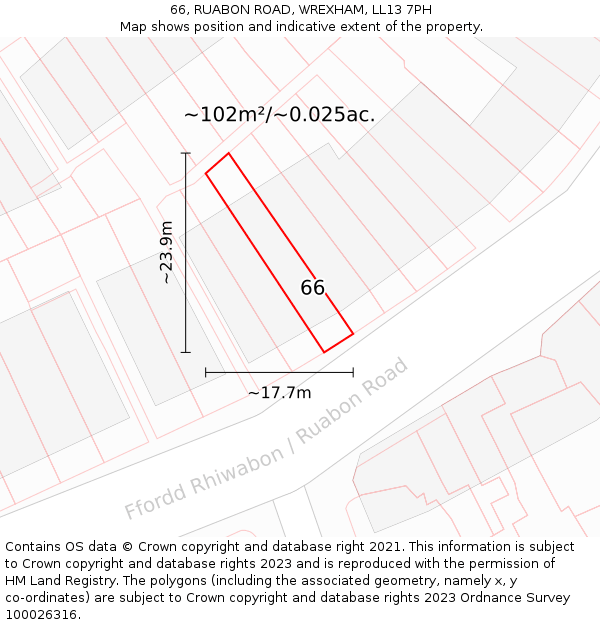 66, RUABON ROAD, WREXHAM, LL13 7PH: Plot and title map