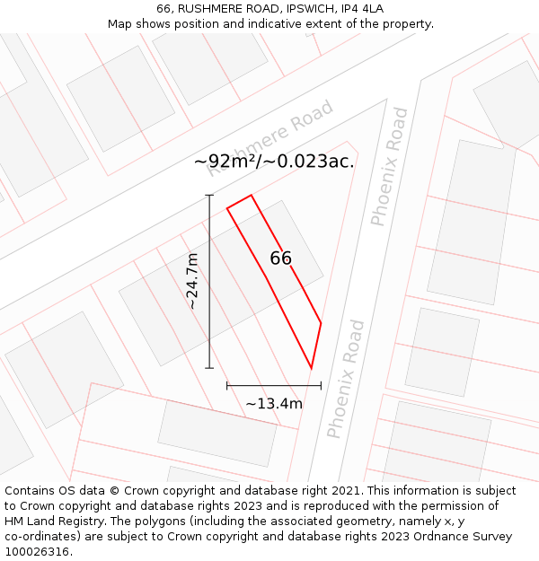 66, RUSHMERE ROAD, IPSWICH, IP4 4LA: Plot and title map