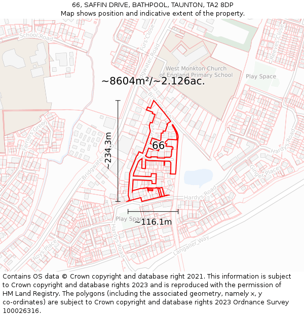 66, SAFFIN DRIVE, BATHPOOL, TAUNTON, TA2 8DP: Plot and title map