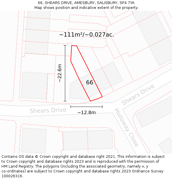 66, SHEARS DRIVE, AMESBURY, SALISBURY, SP4 7YA: Plot and title map