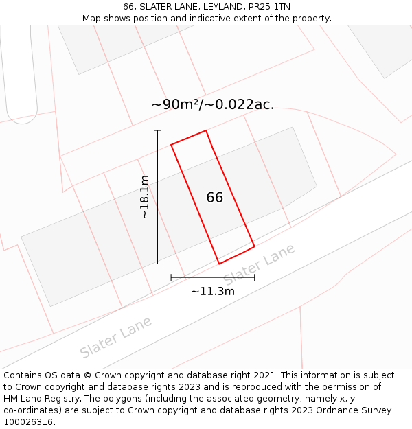 66, SLATER LANE, LEYLAND, PR25 1TN: Plot and title map