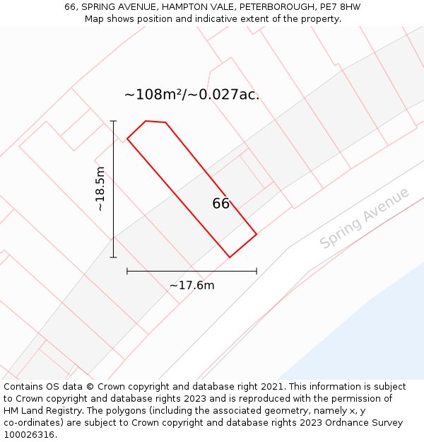 66, SPRING AVENUE, HAMPTON VALE, PETERBOROUGH, PE7 8HW: Plot and title map
