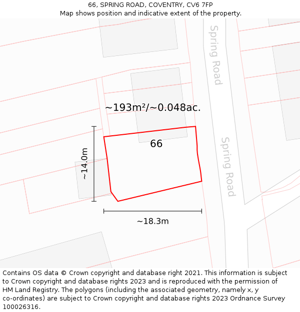 66, SPRING ROAD, COVENTRY, CV6 7FP: Plot and title map