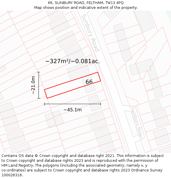 66, SUNBURY ROAD, FELTHAM, TW13 4PQ: Plot and title map