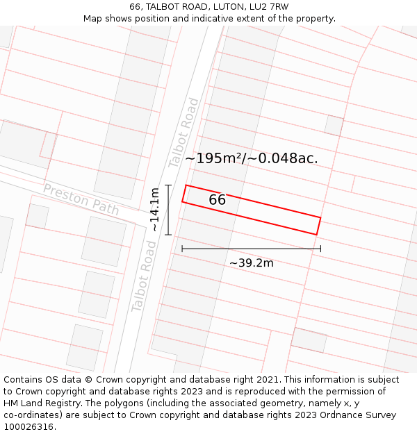 66, TALBOT ROAD, LUTON, LU2 7RW: Plot and title map
