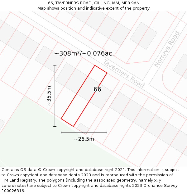 66, TAVERNERS ROAD, GILLINGHAM, ME8 9AN: Plot and title map