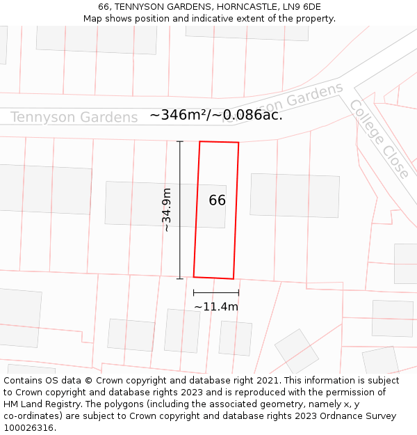 66, TENNYSON GARDENS, HORNCASTLE, LN9 6DE: Plot and title map
