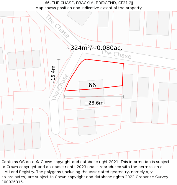66, THE CHASE, BRACKLA, BRIDGEND, CF31 2JJ: Plot and title map
