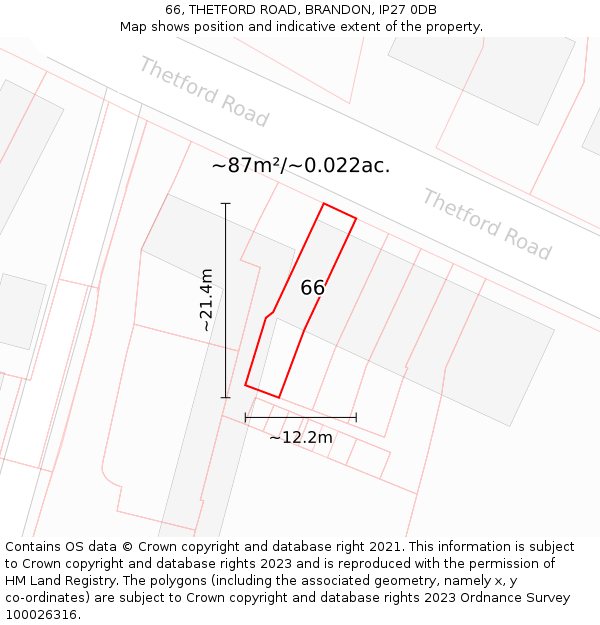 66, THETFORD ROAD, BRANDON, IP27 0DB: Plot and title map