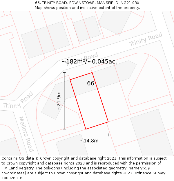 66, TRINITY ROAD, EDWINSTOWE, MANSFIELD, NG21 9RX: Plot and title map
