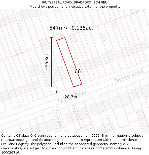 66, TYERSAL ROAD, BRADFORD, BD4 8EU: Plot and title map
