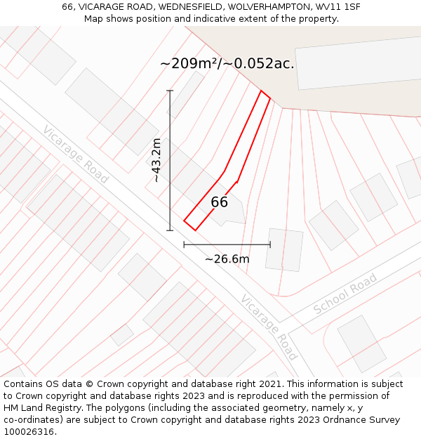 66, VICARAGE ROAD, WEDNESFIELD, WOLVERHAMPTON, WV11 1SF: Plot and title map