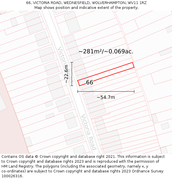 66, VICTORIA ROAD, WEDNESFIELD, WOLVERHAMPTON, WV11 1RZ: Plot and title map