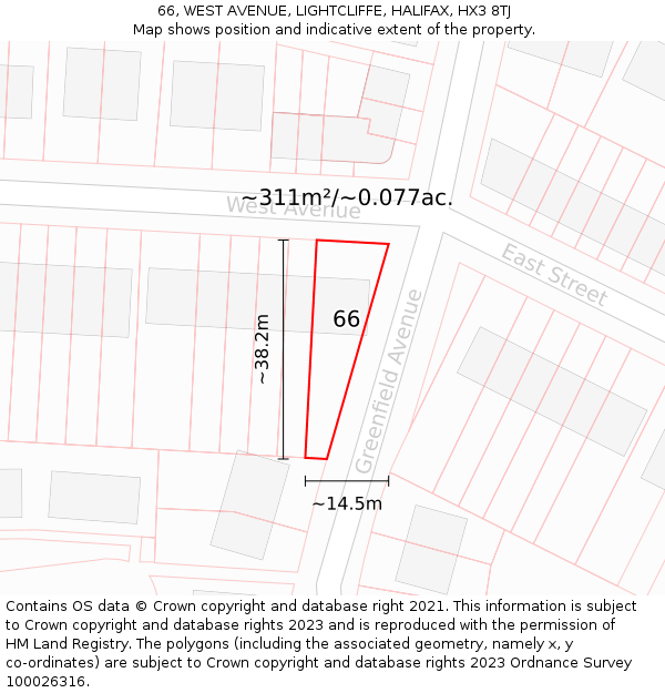66, WEST AVENUE, LIGHTCLIFFE, HALIFAX, HX3 8TJ: Plot and title map