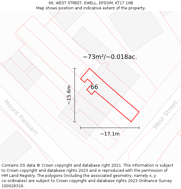 66, WEST STREET, EWELL, EPSOM, KT17 1XB: Plot and title map