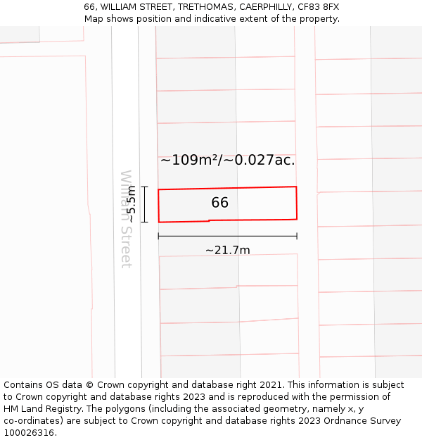 66, WILLIAM STREET, TRETHOMAS, CAERPHILLY, CF83 8FX: Plot and title map