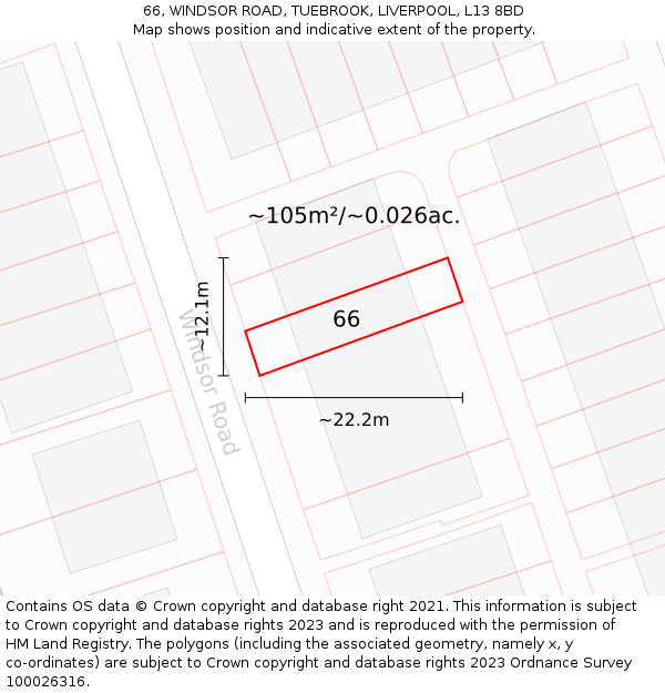 66, WINDSOR ROAD, TUEBROOK, LIVERPOOL, L13 8BD: Plot and title map