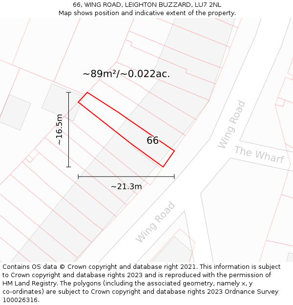 66, WING ROAD, LEIGHTON BUZZARD, LU7 2NL: Plot and title map