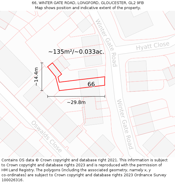 66, WINTER GATE ROAD, LONGFORD, GLOUCESTER, GL2 9FB: Plot and title map