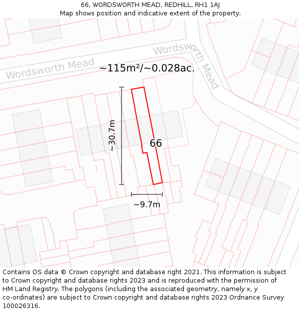 66, WORDSWORTH MEAD, REDHILL, RH1 1AJ: Plot and title map