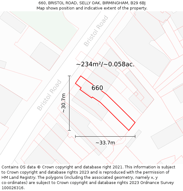 660, BRISTOL ROAD, SELLY OAK, BIRMINGHAM, B29 6BJ: Plot and title map