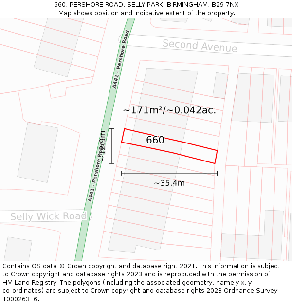 660, PERSHORE ROAD, SELLY PARK, BIRMINGHAM, B29 7NX: Plot and title map
