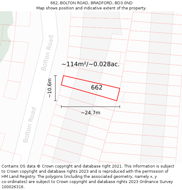 662, BOLTON ROAD, BRADFORD, BD3 0ND: Plot and title map