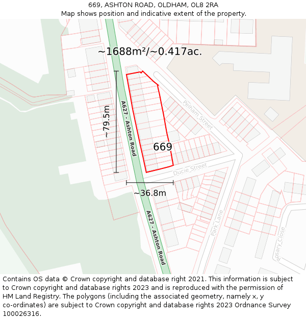 669, ASHTON ROAD, OLDHAM, OL8 2RA: Plot and title map