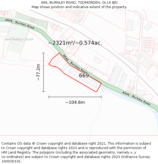 669, BURNLEY ROAD, TODMORDEN, OL14 8JN: Plot and title map