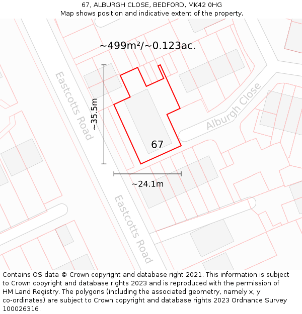 67, ALBURGH CLOSE, BEDFORD, MK42 0HG: Plot and title map