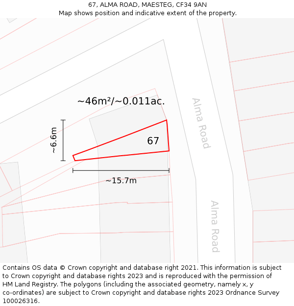 67, ALMA ROAD, MAESTEG, CF34 9AN: Plot and title map
