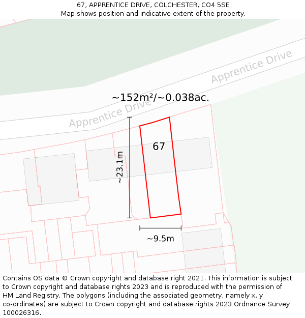 67, APPRENTICE DRIVE, COLCHESTER, CO4 5SE: Plot and title map