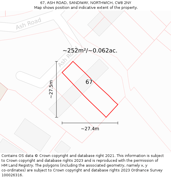 67, ASH ROAD, SANDIWAY, NORTHWICH, CW8 2NY: Plot and title map