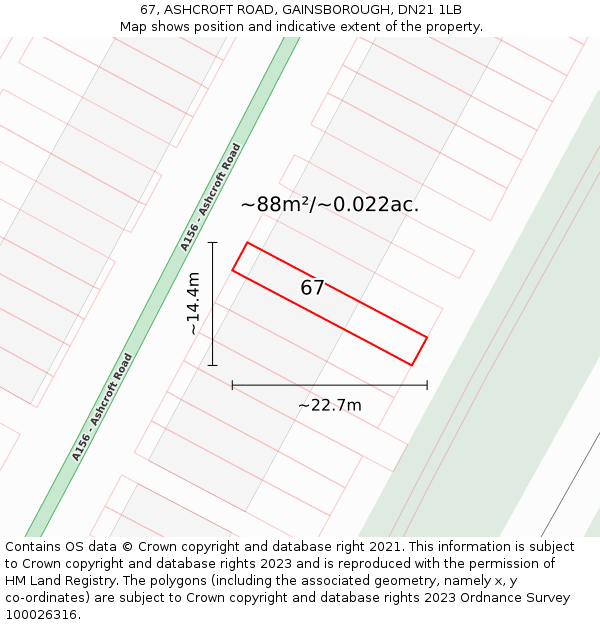 67, ASHCROFT ROAD, GAINSBOROUGH, DN21 1LB: Plot and title map