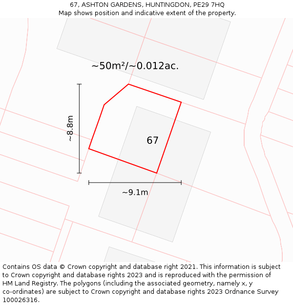 67, ASHTON GARDENS, HUNTINGDON, PE29 7HQ: Plot and title map