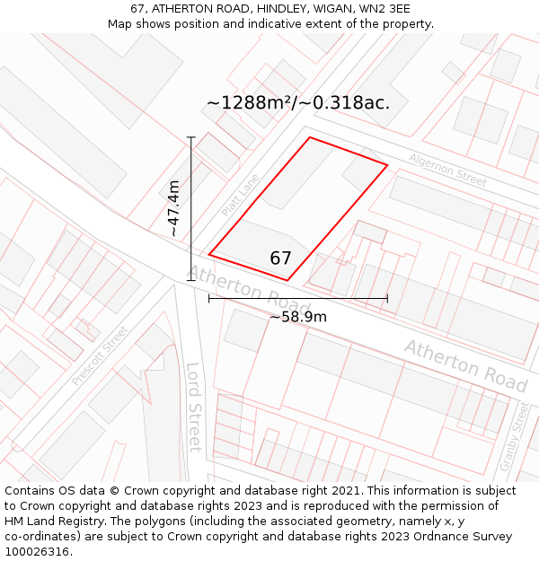 67, ATHERTON ROAD, HINDLEY, WIGAN, WN2 3EE: Plot and title map