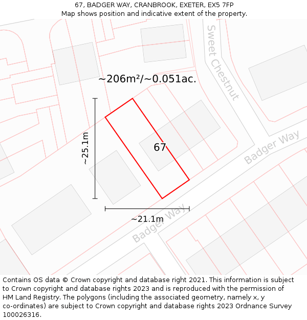 67, BADGER WAY, CRANBROOK, EXETER, EX5 7FP: Plot and title map