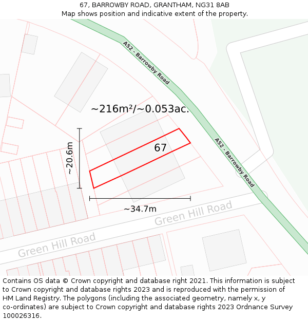 67, BARROWBY ROAD, GRANTHAM, NG31 8AB: Plot and title map