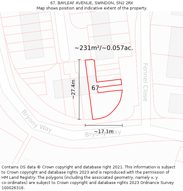 67, BAYLEAF AVENUE, SWINDON, SN2 2RX: Plot and title map