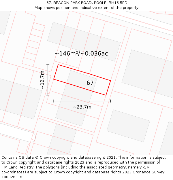 67, BEACON PARK ROAD, POOLE, BH16 5PD: Plot and title map