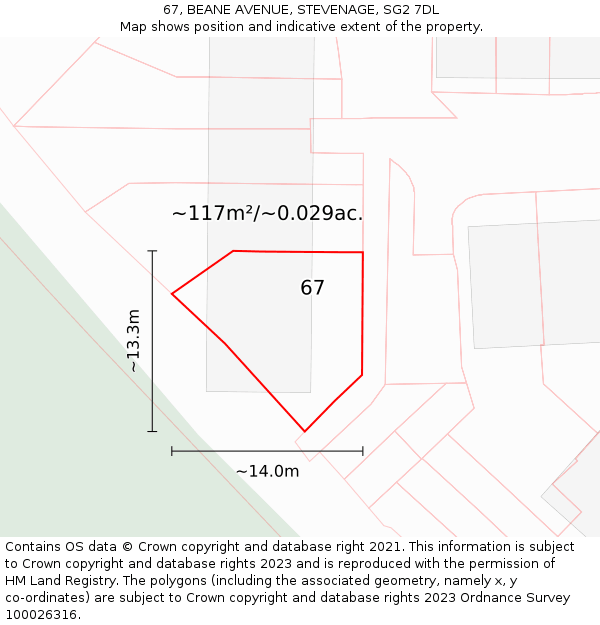 67, BEANE AVENUE, STEVENAGE, SG2 7DL: Plot and title map