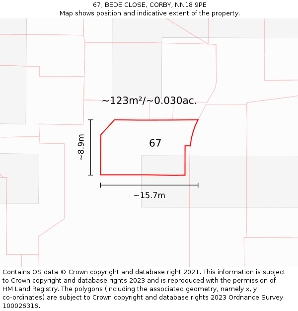 67, BEDE CLOSE, CORBY, NN18 9PE: Plot and title map